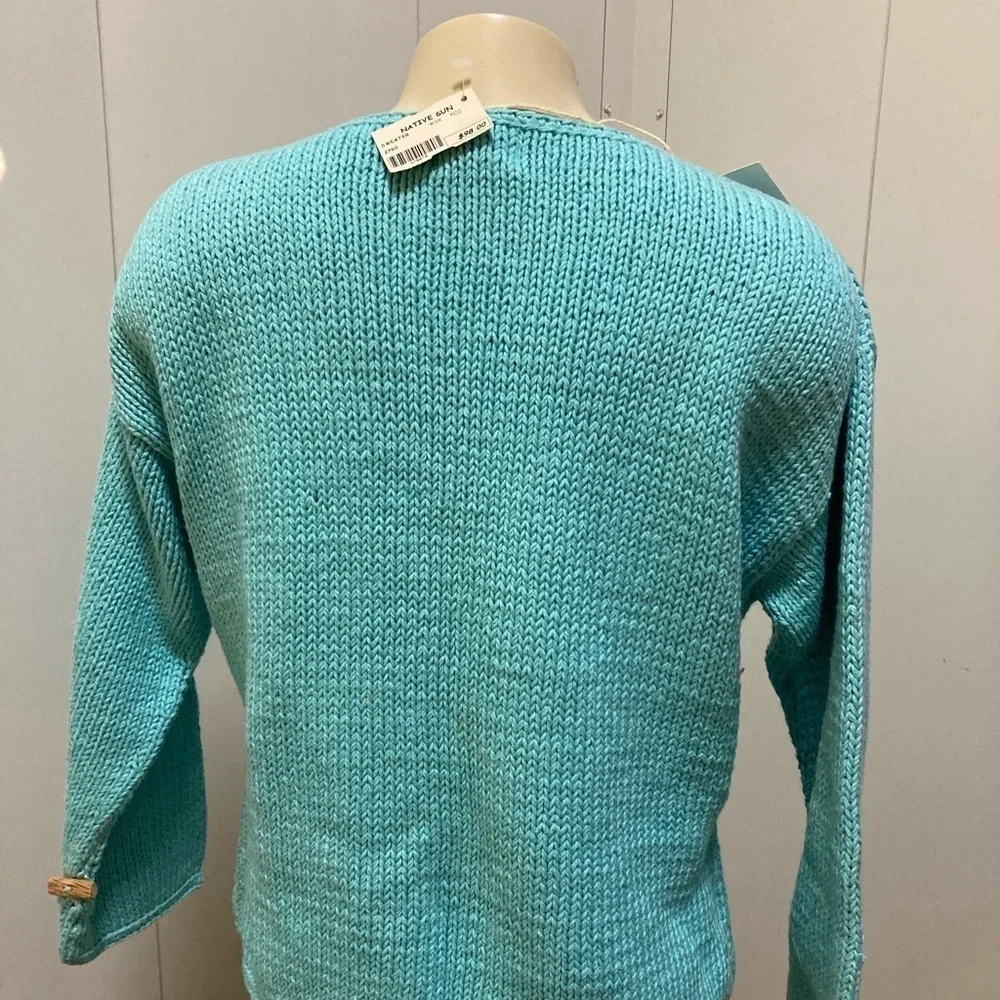 PURE HANDKNIT turquoise w/front wooden buttons 100%cotton cardigan  MED NWT